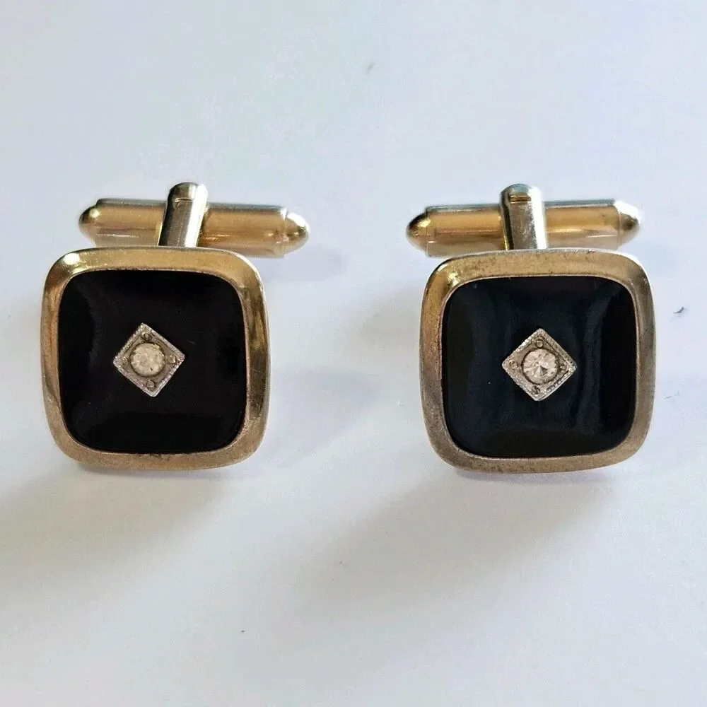 Gold Tone With Black Cufflinks Clear Rhinestone Vintage